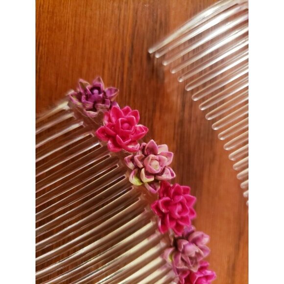 Hair Combs Barrettes Pink Floral Flowers Vintage Set Of 2 - Picture 2 of 4